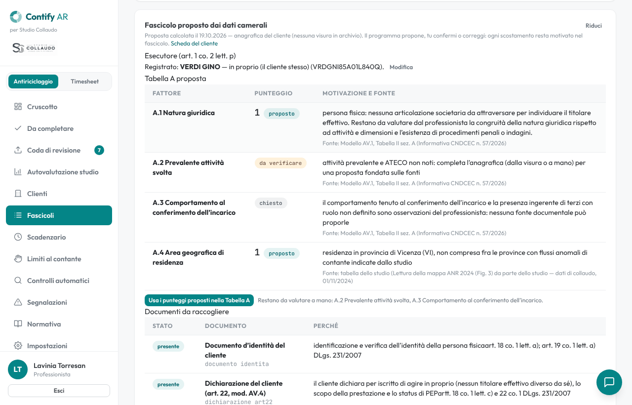 Fascicolo proposto dai dati camerali in Contify AR: esecutore, Tabella A con punteggio, motivazione e fonte per ogni fattore e documenti da raccogliere
