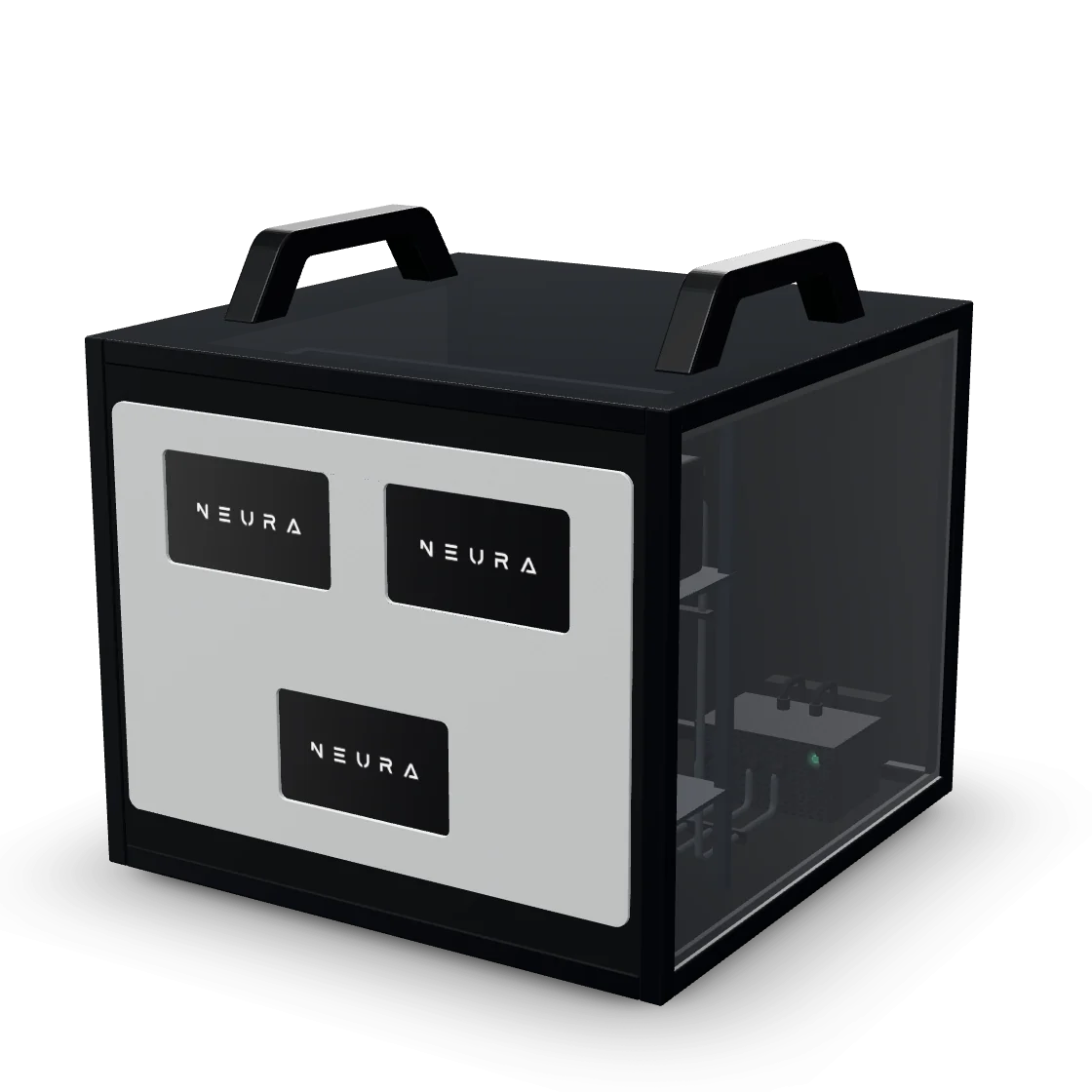 NEURA, il server di Neura Studio On Premise: frontale con le tre finestre NEURA e fianco in vetro fumé